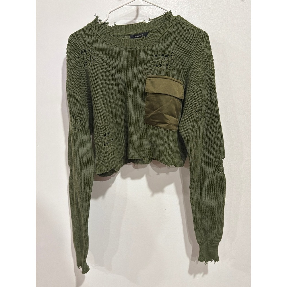 Forever 21 Olive Green Distressed Cropped Utility Sweater Pocket Womens L Urban